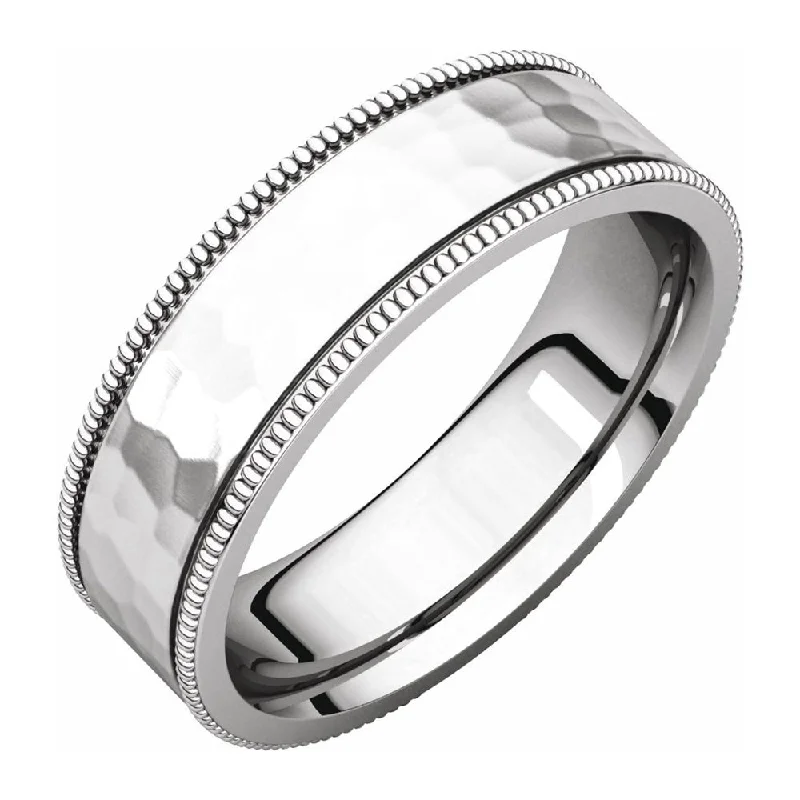 6mm Platinum Milgrain Hammered Flat Comfort Fit Band