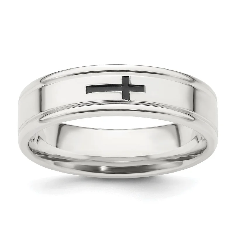 6mm Rhodium Plated Sterling Silver Enamel Cross Grooved Edge Band