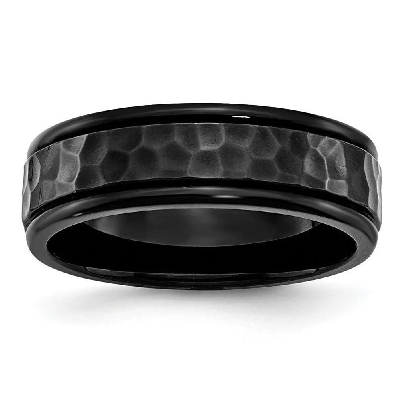 7mm Black Plated Stainless Steel Hammered Rounded Edge Band