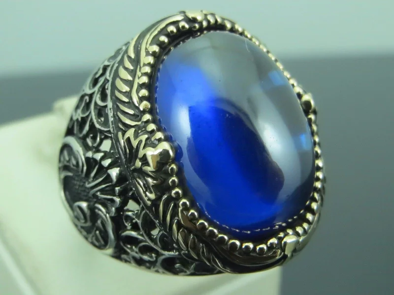 Turkish Handmade Jewelry 925 Sterling Silver Sapphire Stone Mens Rings