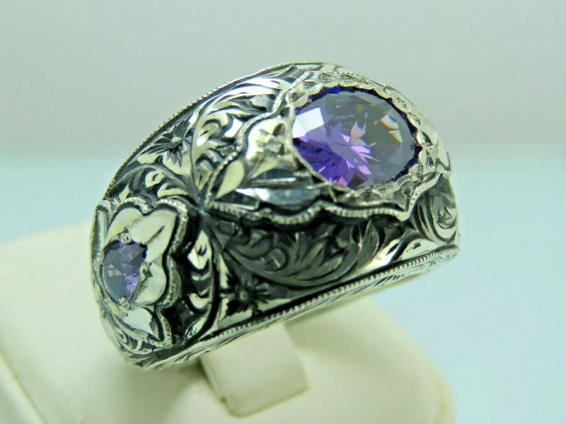 Turkish Handmade Jewelry 925 Sterling Silver Amethyst Stone Engraved Mens Rings