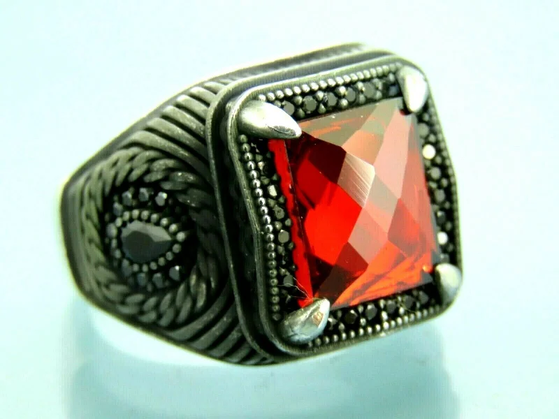 Turkish Handmade Jewelry 925 Sterling Silver Garnet Stone Men Rings