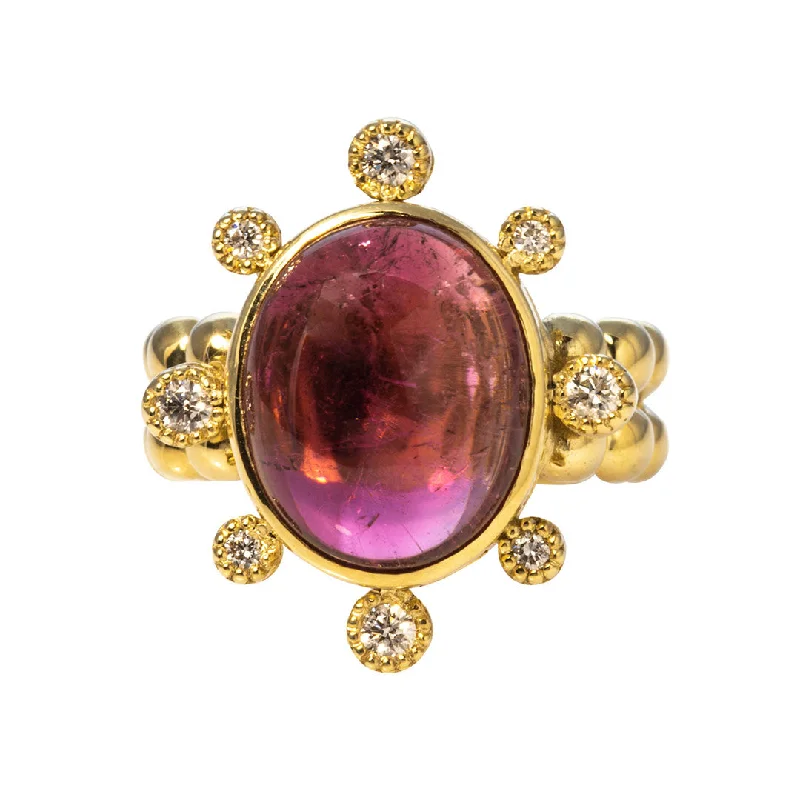 Elegant Rose Gold Jewelry For A Stylish Touch Cabochon Pink Tourmaline & Diamond 14K Yellow Gold Ring