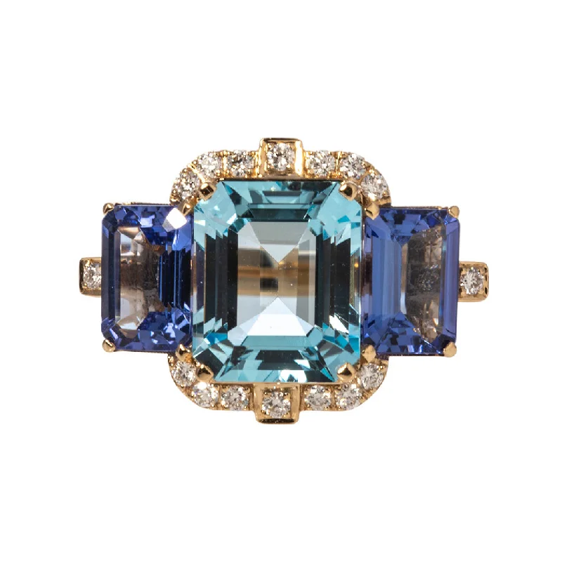 Personalized Engraved Jewelry For Meaningful Gifts Goshwara 3 Stone Blue Topaz & Tanzanite 18K Gold Ring