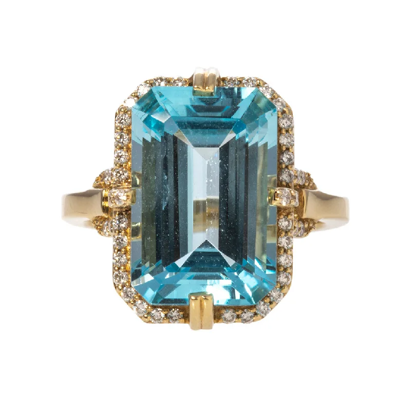 High-Quality Gemstone Jewelry For Special Occasions Goshwara Emerald Cut Blue Topaz & Diamond 18K Gold Ring