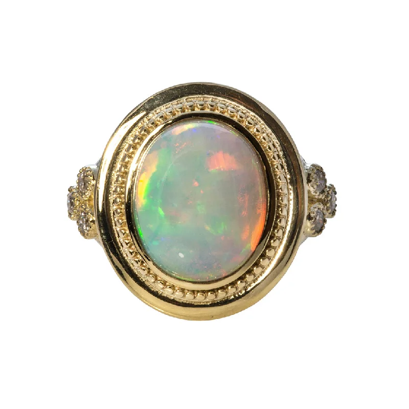 Shop Elegant Jewelry At Unbeatable Prices Oval Cabochon Opal & Diamond Trio 14K Yellow Gold Ring