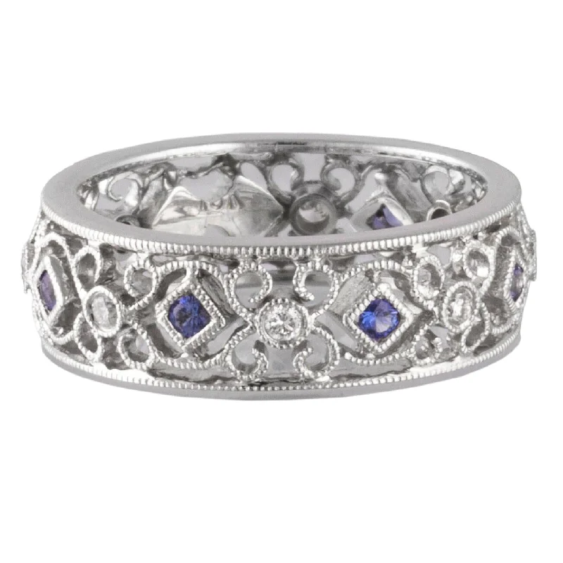 Exclusive Jewelry Offers – Shine For Less 18k White Gold Diamond & Sapphire Milgrain Eternity Band 0.32ctw Ring Size 6.25