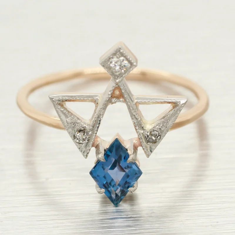 Make Your Outfit Shine With Discounted Jewelry Antique Art Deco Blue Topaz & Diamond Masonic Ring - 18k Yellow Gold