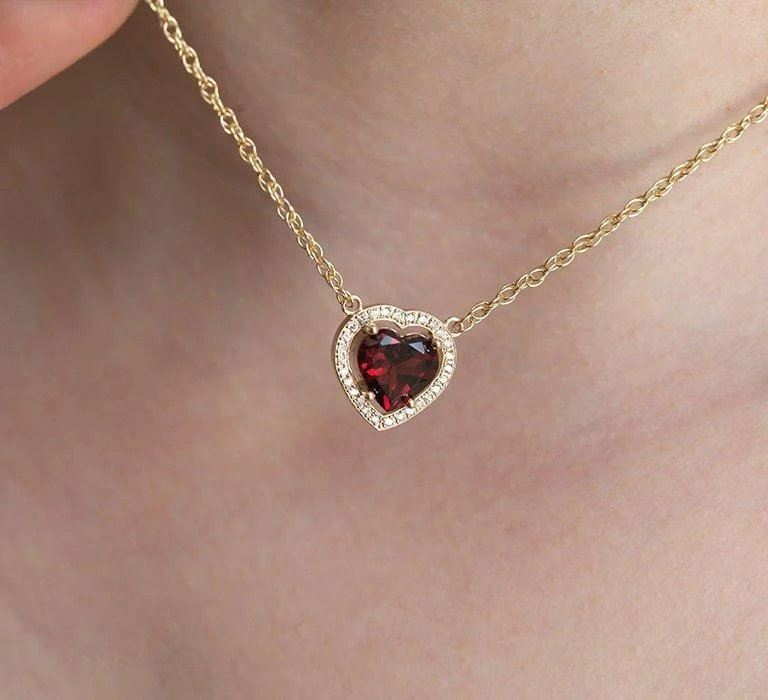 Shop Handcrafted Jewelry At Special Promotional Rates Heart Garnet & Diamond Halo Necklace