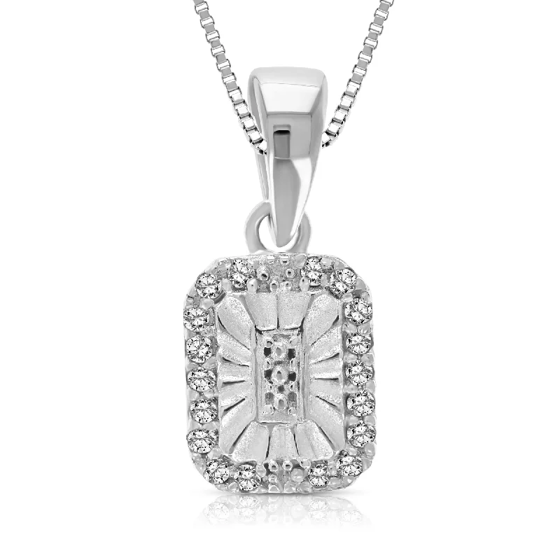 1/10 cttw Diamond Pendant Necklace .925 Sterling Silver 18 Inch Chain Rectangle