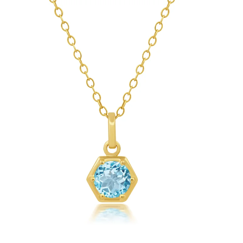 14k Yellow Gold Overlay over Sterling Silver Round Gemstone Hexagon Pendant Necklace on 18 Inch Chain