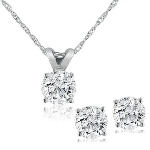 1ct Diamond Solitaire Necklace & Studs Set 14K White Gold