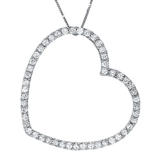 3/4 Natural Diamond Large Heart Shape Pendant 10k White Gold Necklace