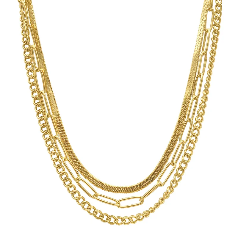 Adornia Curb Chain, Paper Clip Chain, and Herringbone Chain Necklace Set gold