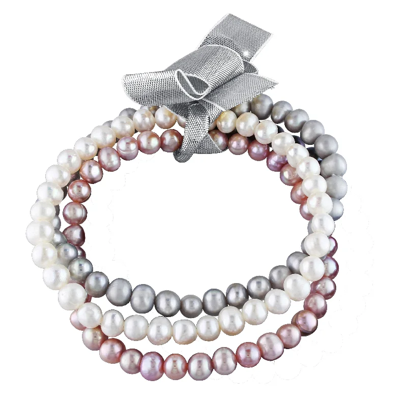 Mimi & Max 5-5.5mm White Pink and Grey Cultured Freshwater Pearl Three Bracelet Set with Ribbon