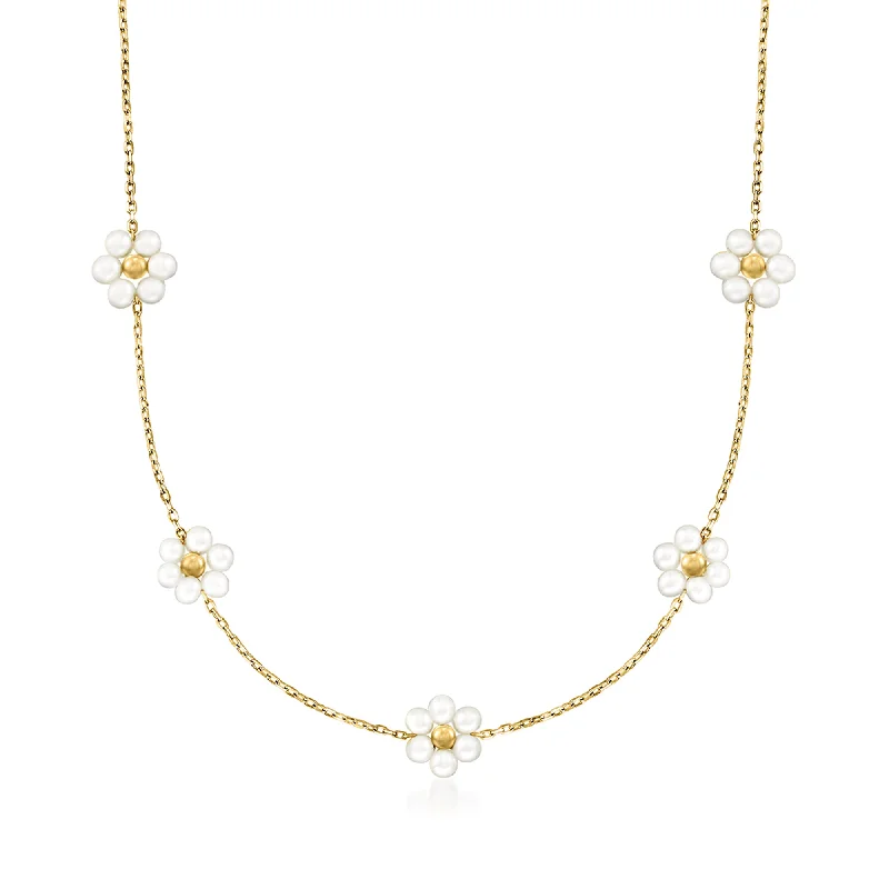 Ross-Simons 3-3.5mm Cultured Pearl Flower Station Necklace in 14kt Yellow Gold