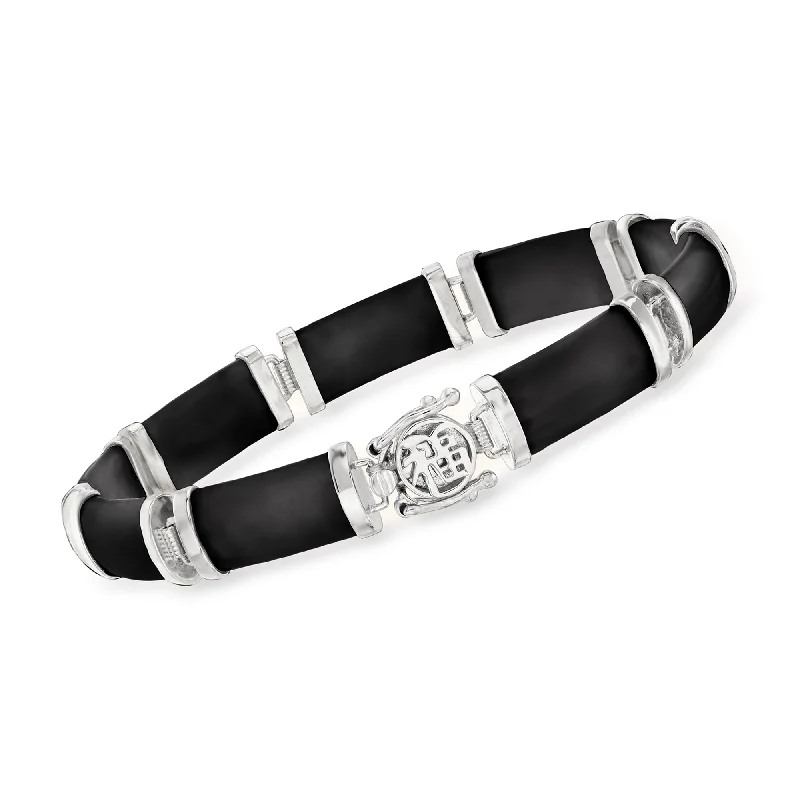 Ross-Simons Black Agate "Good Fortune" Bracelet in Sterling Silver