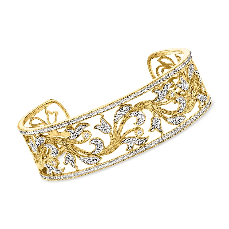 Ross-Simons Diamond Floral Filigree Cuff Bracelet in 18kt Gold Over Sterling