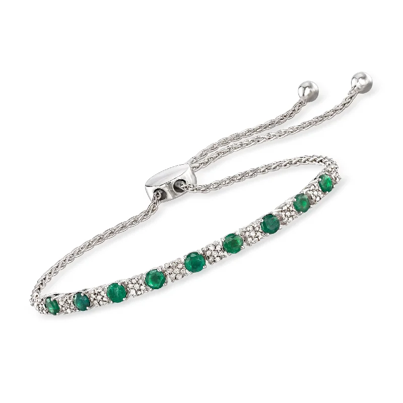 Ross-Simons Emerald and . Diamond Bolo Bracelet in Sterling Silver