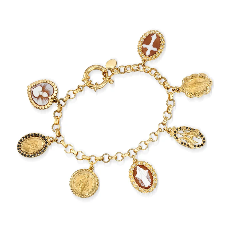 Ross-Simons Italian Brown Shell Cameo and Black CZ Religious Charm Bracelet in 18kt Gold Over Sterling