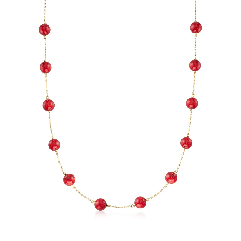 Ross-Simons 8mm Red Coral Bead Station Necklace in 14kt Yellow Gold