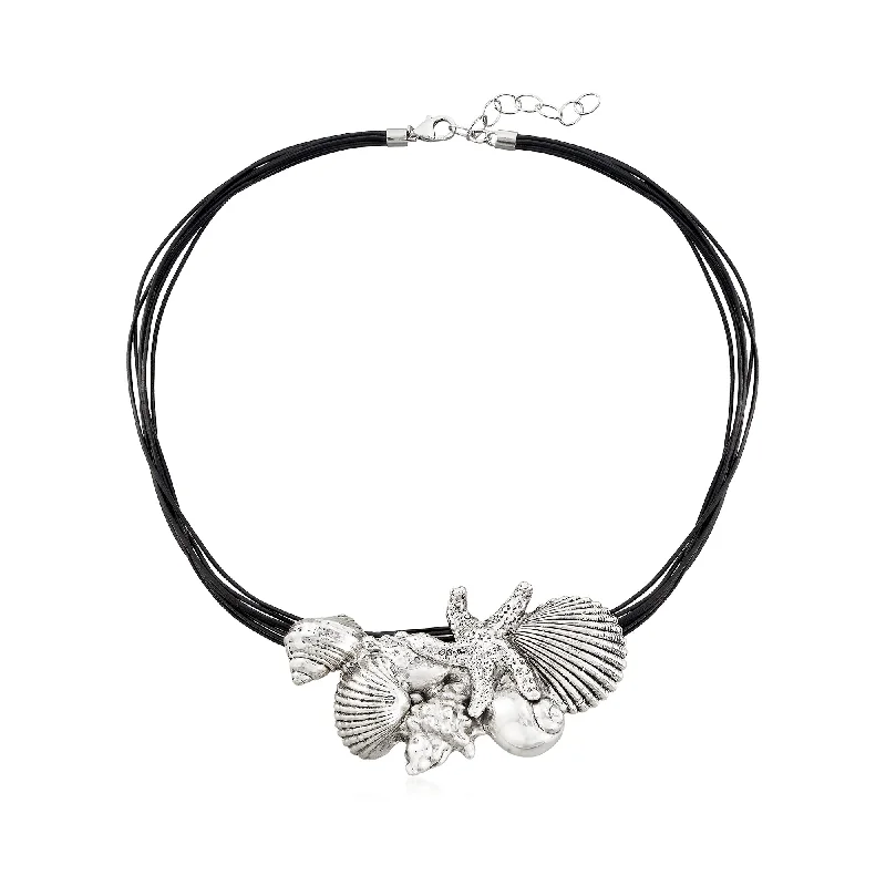 Romantic Heart-Shaped Jewelry For Special Gifts Ross-Simons Sterling Silver and Black Leather Starfish and Seashells Necklace