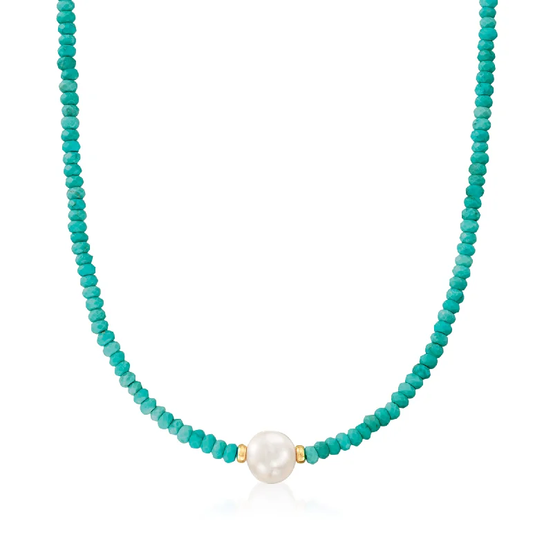 Ross-Simons 11.5-12.5mm Cultured Pearl and 4-5mm Turquoise Bead Necklace With 14kt Yellow Gold