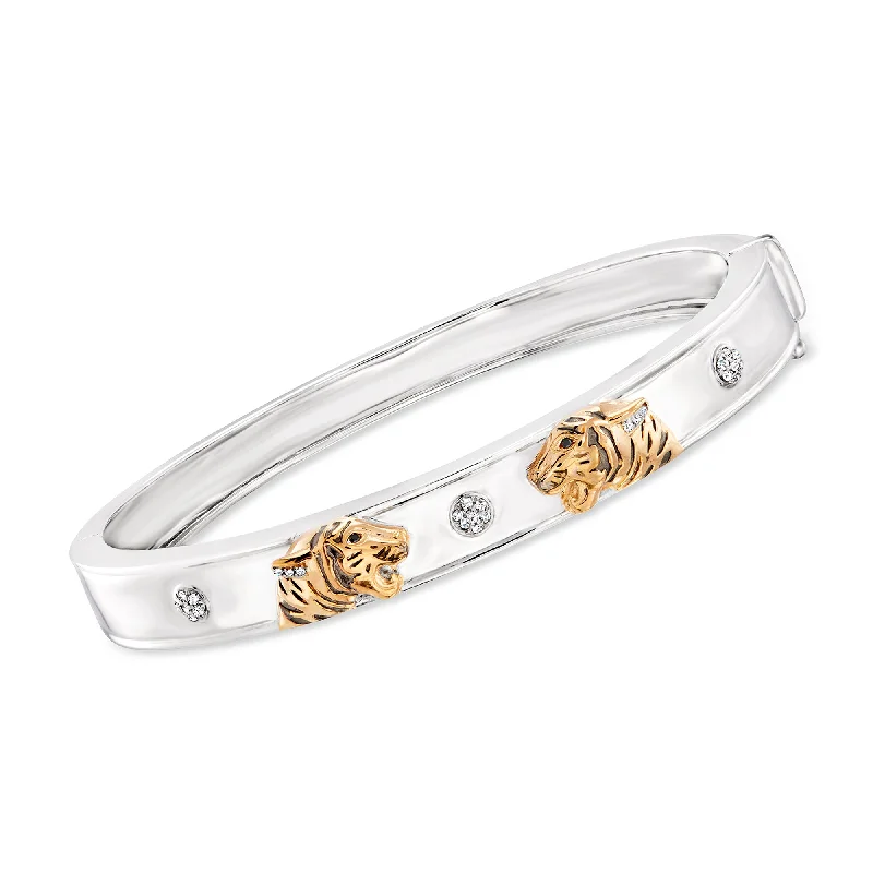 Ross-Simons White and Black Diamond Tiger Bangle Bracelet in 2-Tone Sterling Silver