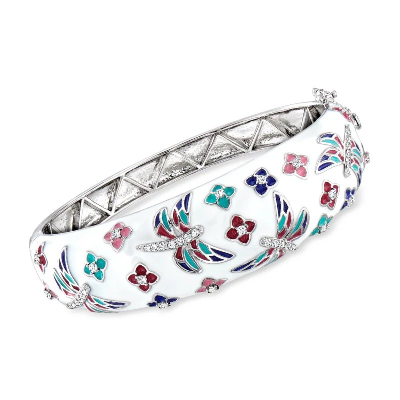 Limited-Stock Jewelry Sale – Once It's Gone, It's Gone Ross-Simons White Zircon and Multicolored Enamel Floral Butterfly Bangle Bracelet in Sterling Silver. 7 inches