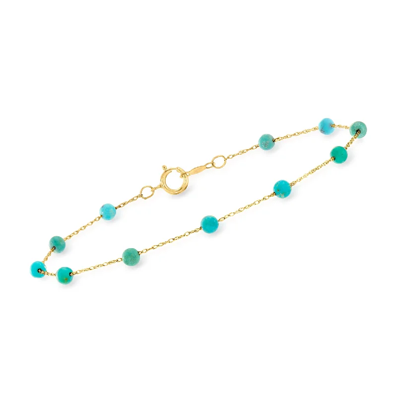 RS Pure by Ross-Simons 3-3.5mm Turquoise Bead Station Bracelet in 14kt Yellow Gold