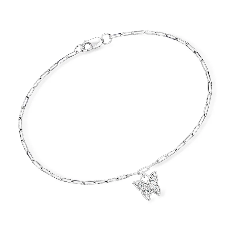 RS Pure by Ross-Simons Diamond Butterfly Paper Clip Link Bracelet in Sterling Silver