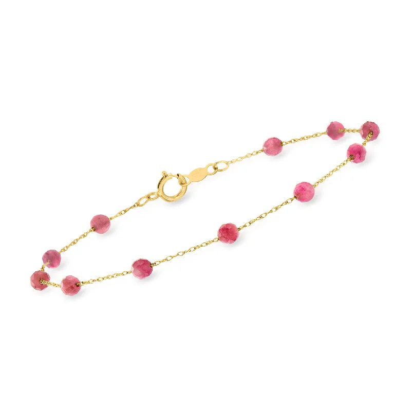 RS Pure by Ross-Simons Pink Tourmaline Bead Station Bracelet in 14kt Yellow Gold