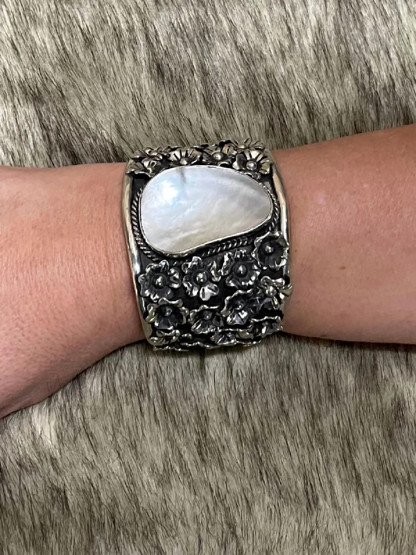 Sterling Cuff With Mother Of Pearl, Flowers Bracelet In White