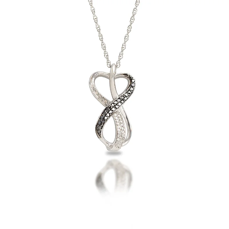 Sterling Silver 0.2 Carat White & Black Diamond Infinity Heart Necklace with Adjustable 18”-20” Rope Chain