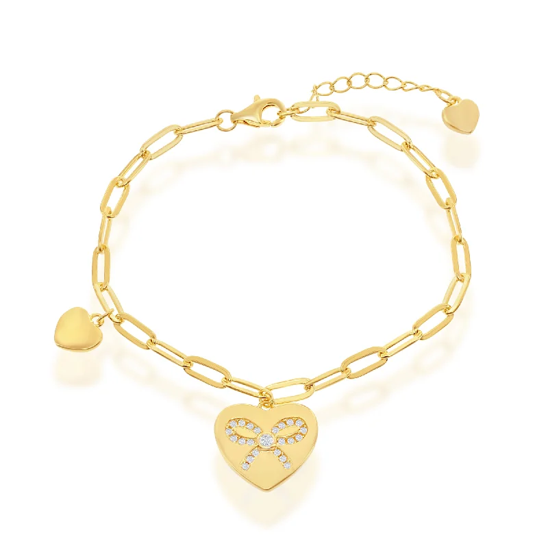 Sterling Silver Heart with CZ Ribbon Paperclip Bracelet