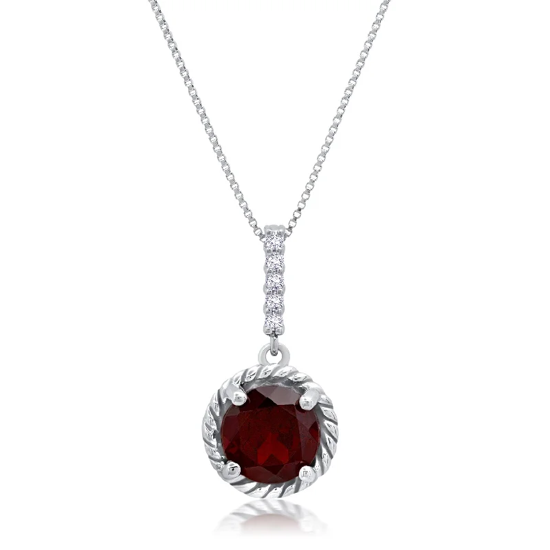 Sterling Silver Round Cut Gemstone Roped Halo Pendant Necklace and Created White Sapphire Accents on 18 Inch Chain