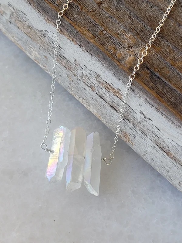 Three Raw Rainbow Quartz Crystal Pendant Necklace in Silver