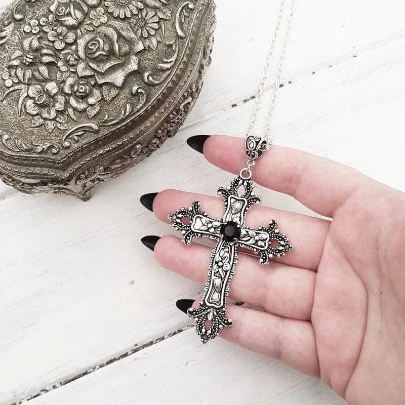 Customized Silver Jewelry For Unique Style Women's Gothic Carved Cross Necklace