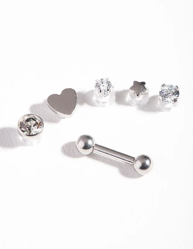 Rhodium Surgical Steel Cubic Zirconia Heart Barbell Pack