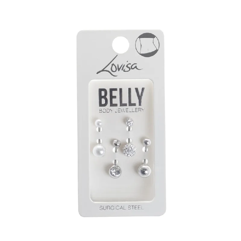 Rhodium Surgical Steel Pave and Diamante 4-Pack Belly Bar