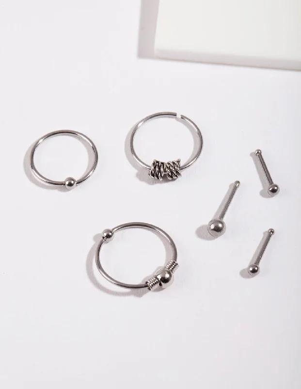 Rhodium Surgical Steel Ring & Bead Nose Pack