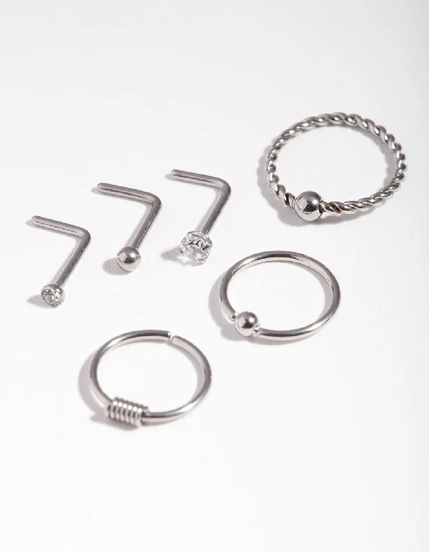 Surgical Steel Rhodium Diamante Twist 6-Pack Nose Studs