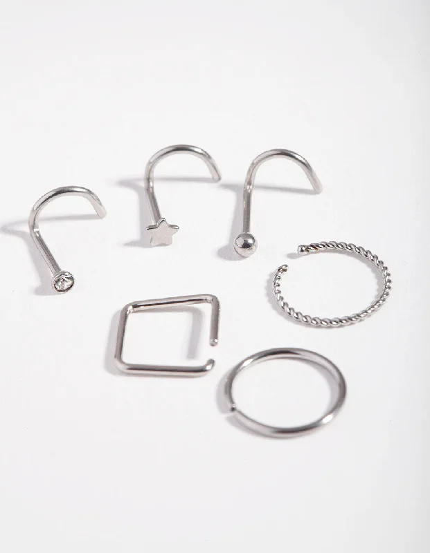 Surgical Steel Rhodium Twist Square 6-Pack Nose Studs