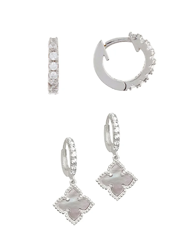 Adornia White Mother of Pearl Huggie Set silver