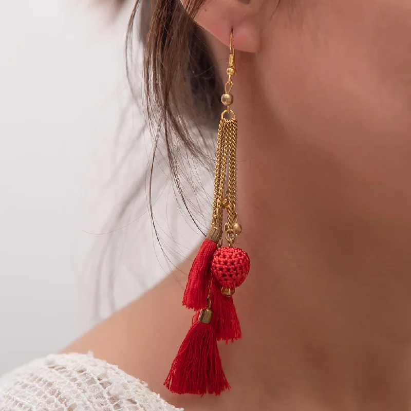 Samoolam Handmade Crochet Swing Earrings ~ Red Tassel