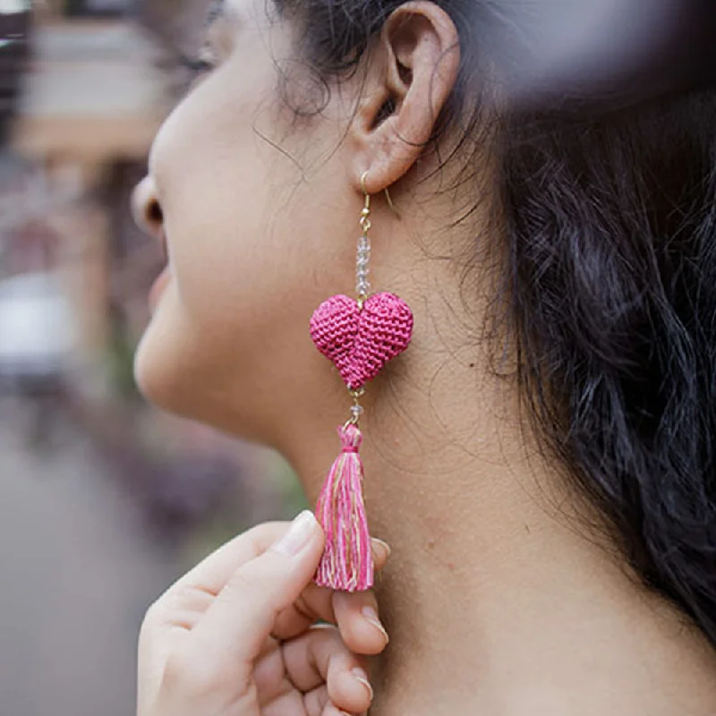 Samoolam Handmade Crochet Valentine Heart Earrings ~ Pink