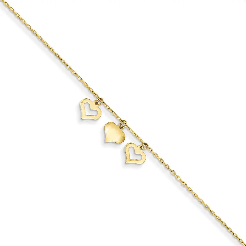 14k Yellow Gold 1mm Cable Chain And Triple Heart Charm Anklet, 9-10 In