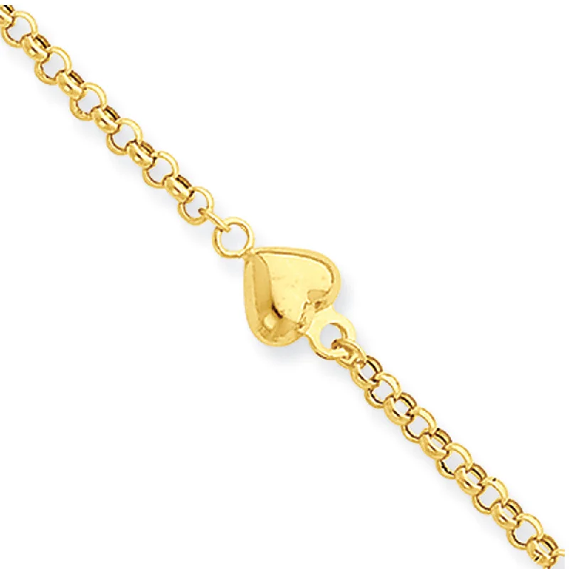 14k Yellow Gold Puff Heart Anklet, 9-10 Inch