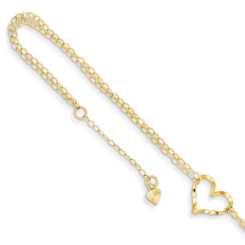 14k Yellow or White Gold Open Heart Double Strand Anklet, 9-10 Inch