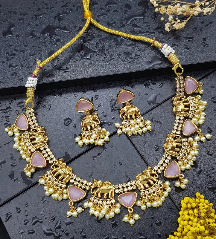 Elevate Your Jewelry Collection With Limited-Time Savings Premium Antique Gold finish Pink stone necklace set